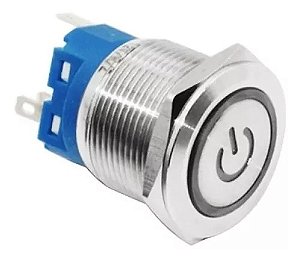 Botão Interruptor On Off Power 19mm C/ Trava Led Azul Inox